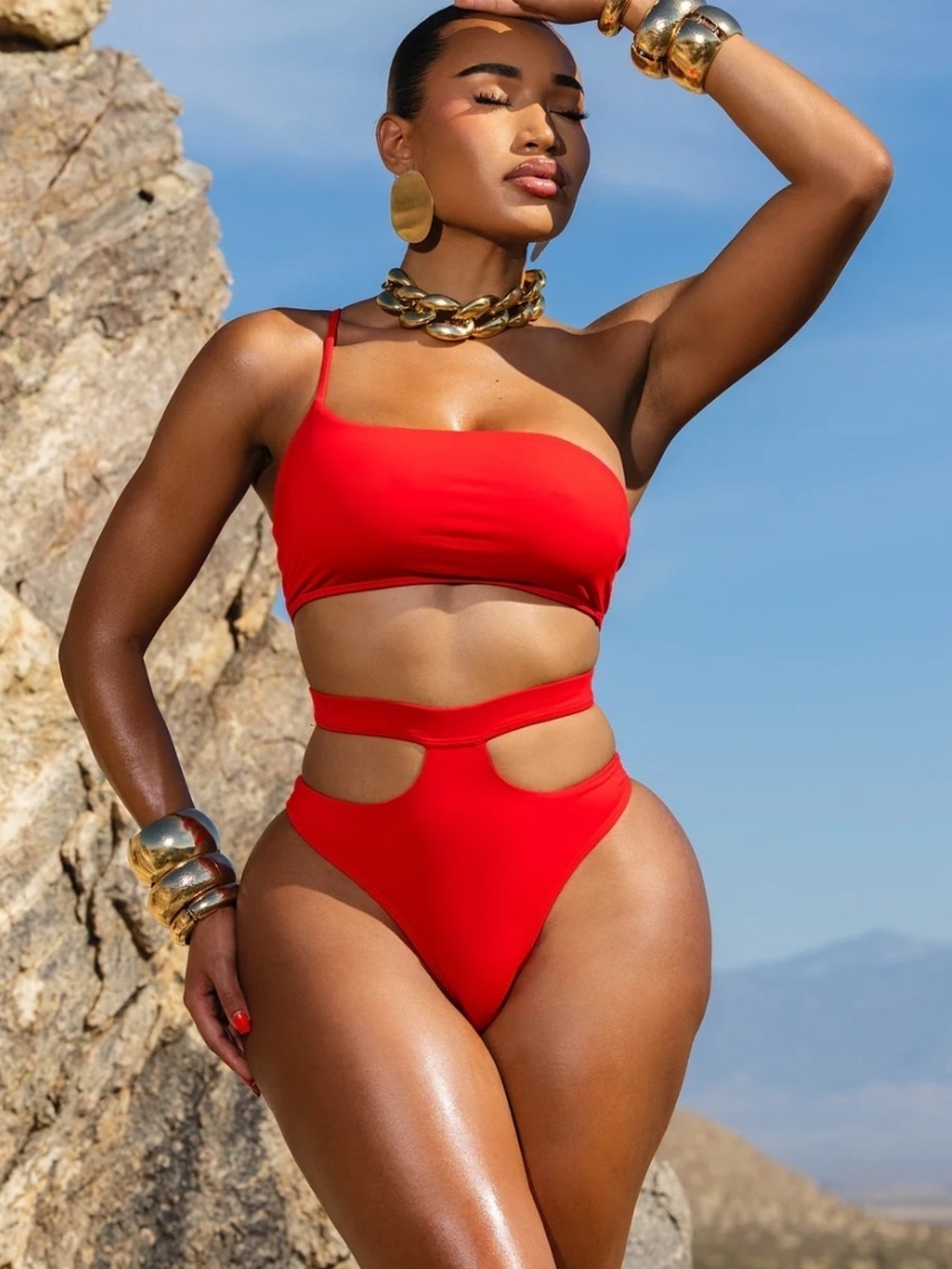 Matte Collection Red Cutout One-Shoulder High-Waist Women’s Swim Set